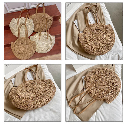 Round Straw Beach Tote for Women Large Capacity Bag - Smarsty