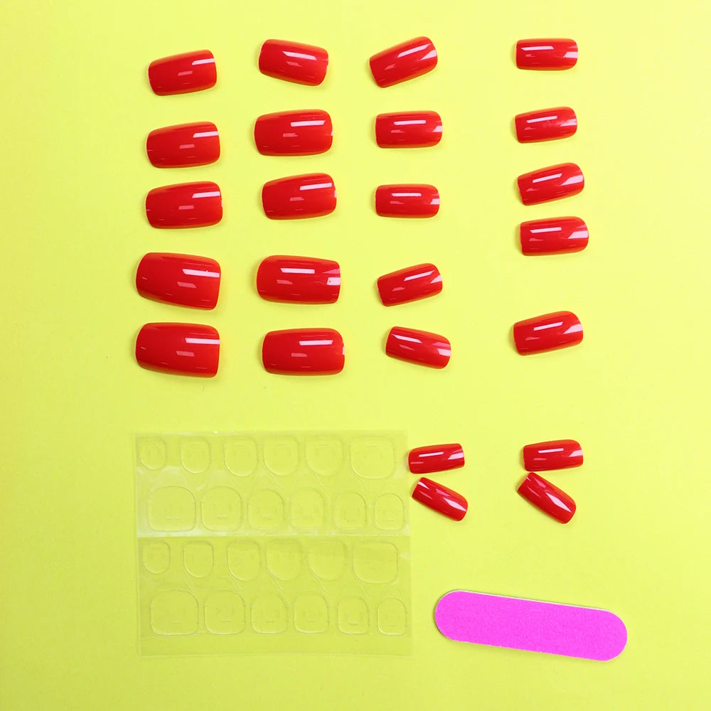 24PCS Short Square Red Full Cover Fake Nails - Smarsty