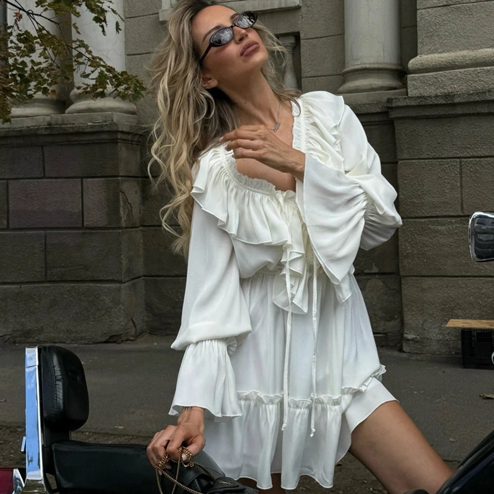 Talenza White Ruffle Bandage Mini Dress Women's Elegant Patchwork Long Sleeve Dress New Slim V Neck Lace Up Summer Mini Dress - Smarsty