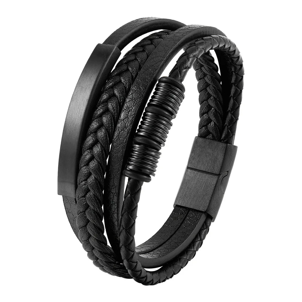 Men's Leather Charm Bracelet Stainless Steel Magnetic Clasp - Smarsty