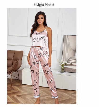 Women Satin Silk Pajamas Sets Letter Print Cami Vest Shirt With Trouser Sleepwear Ladie Sexy Pajama Lingerie Pyjamas Nightwear - Smarsty