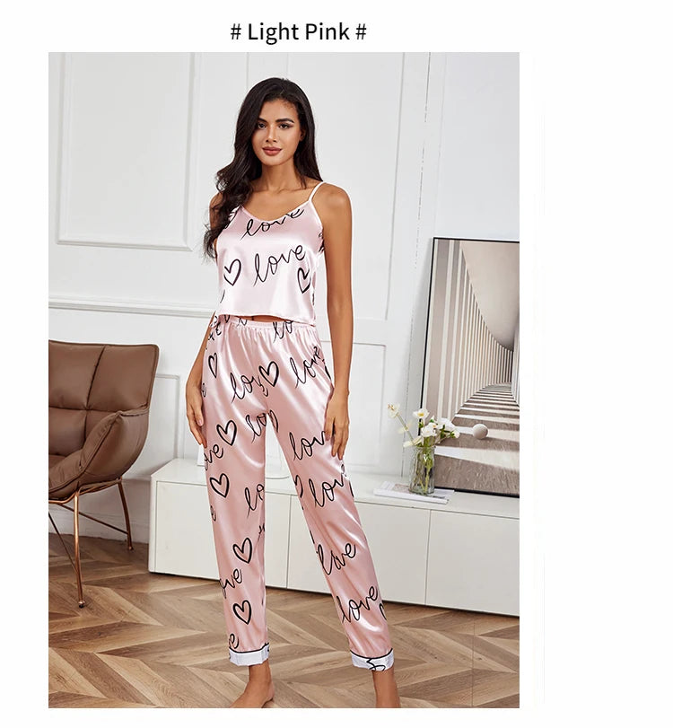 Women Satin Silk Pajamas Sets Letter Print Cami Vest Shirt With Trouser Sleepwear Ladie Sexy Pajama Lingerie Pyjamas Nightwear - Smarsty
