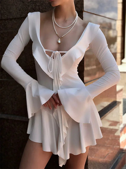 Tossy Ruffled Lace-Up White Mini Dress Women's V-Neck Patchwork Long Sleeve Sexy Slim Dress Bandage Elegant Female Summer Dress - Smarsty