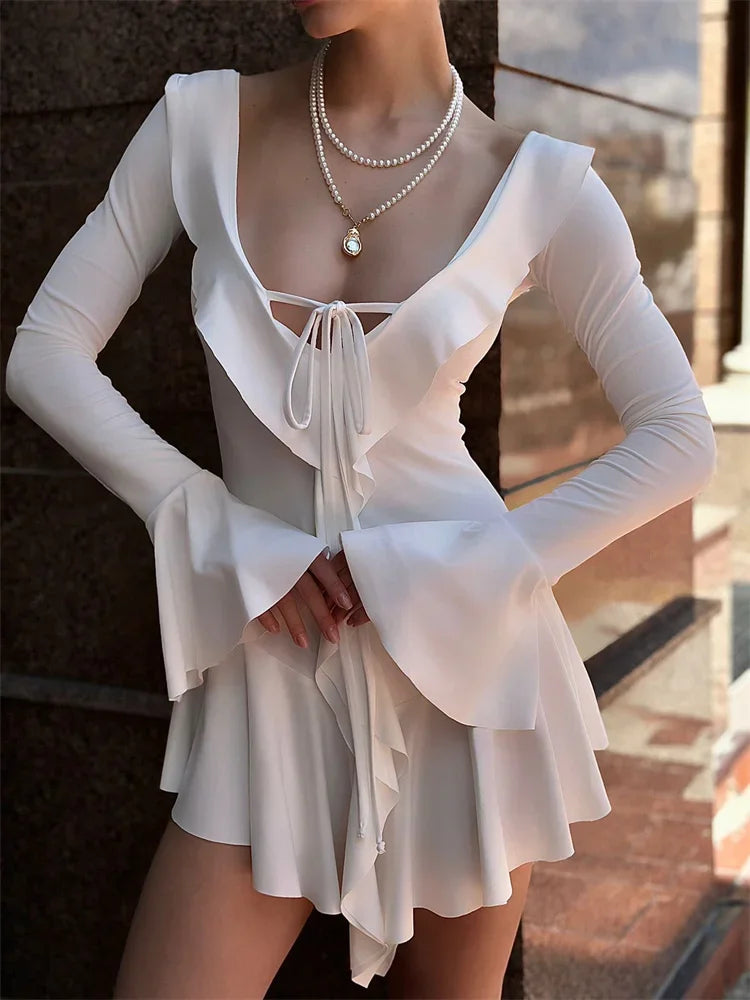 Tossy Ruffled Lace-Up White Mini Dress Women's V-Neck Patchwork Long Sleeve Sexy Slim Dress Bandage Elegant Female Summer Dress - Smarsty