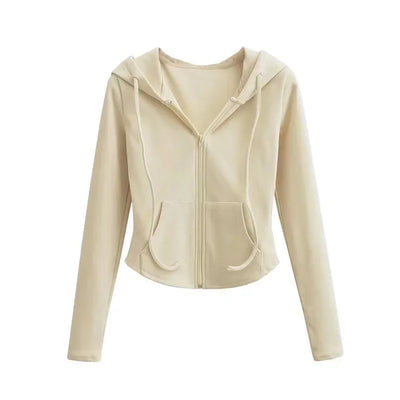 Lucyever Cropped Hooded Zip-Up Jacket Women Autumn New Slim Long Sleeve Y2K Sweatshirts Female Solid Streetwear Sports Hoodies - Smarsty