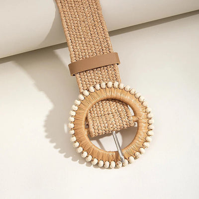 Women Boho Straw Belt with Round Buckle for Beach - Smarsty