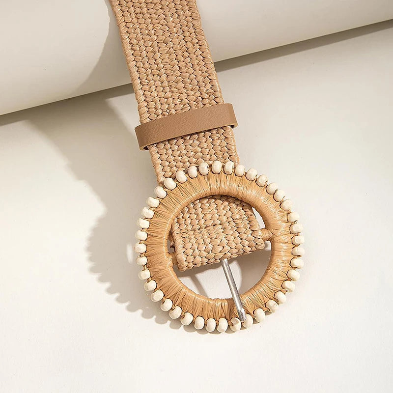 Women Boho Straw Belt with Round Buckle for Beach - Smarsty