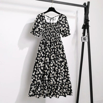 Spring Summer Chiffon Dresses Fashion Female Elastic Waist Short Sleeve Pleated Casual Dress Women A-line Dresses Vestidos - Smarsty