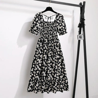 Spring Summer Chiffon Dresses Fashion Female Elastic Waist Short Sleeve Pleated Casual Dress Women A-line Dresses Vestidos - Smarsty
