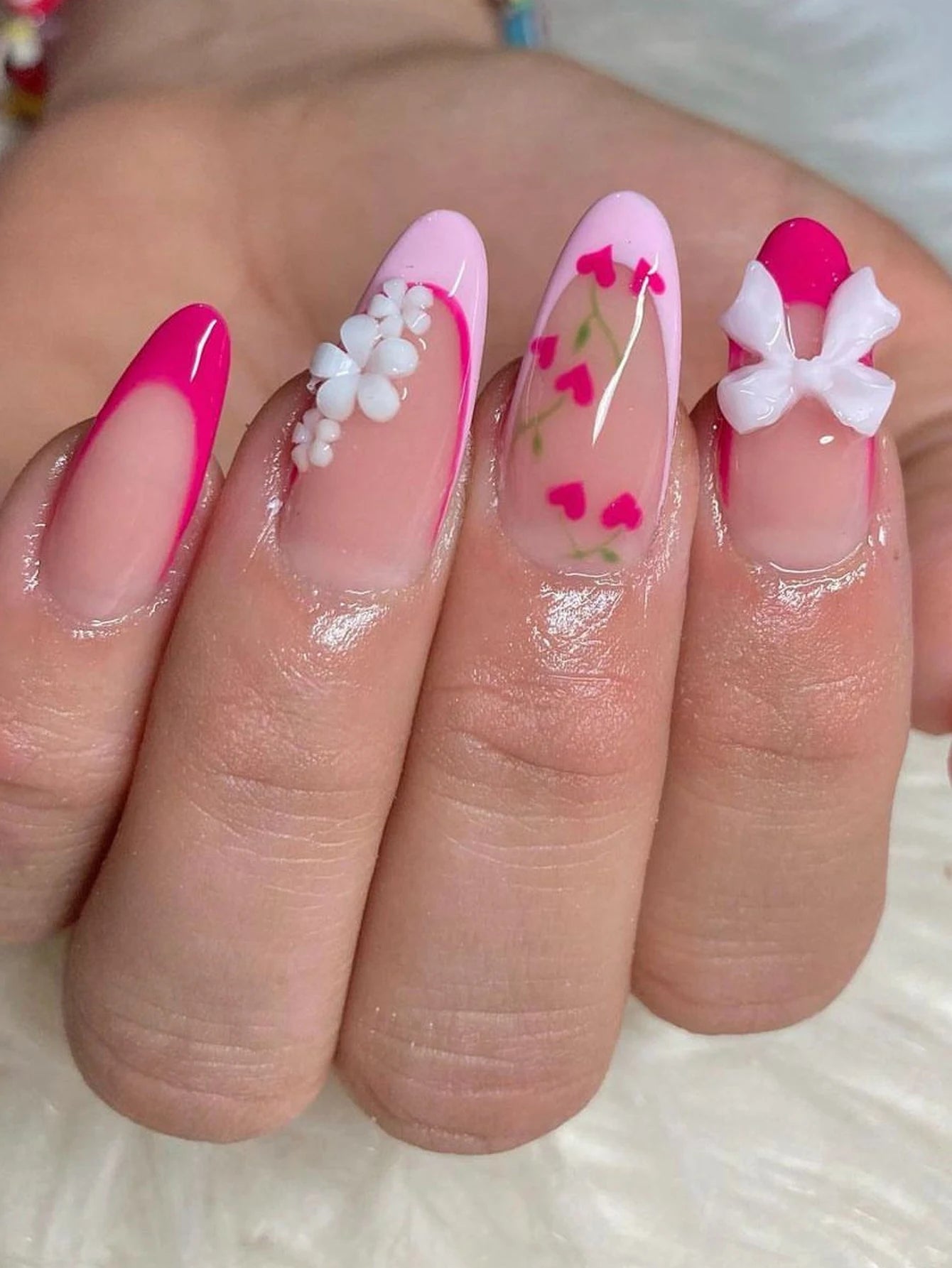 Pink Bowknot Stiletto Press On Nails 24PCS Full Cover - Smarsty