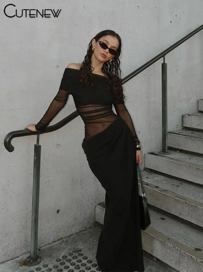 Cutenew Mesh Ruched Women Maxi Dress Sexy See Through Off Shoulder Long Sleeve Sheath Vestidos Female Midnight Party Solid Robe - Smarsty