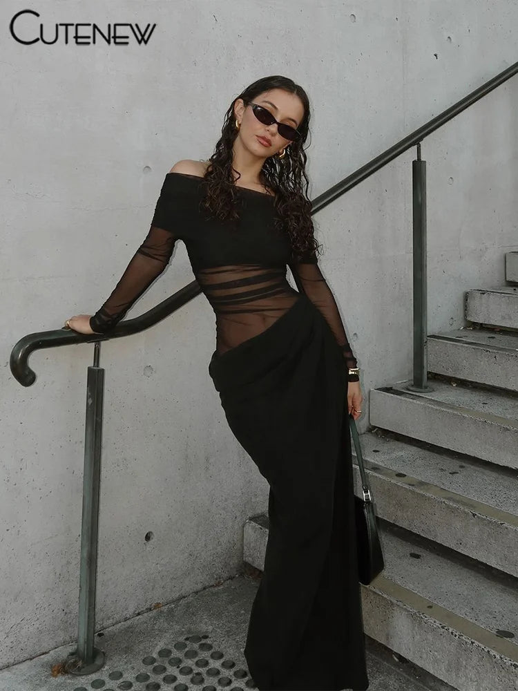 Cutenew Mesh Ruched Women Maxi Dress Sexy See Through Off Shoulder Long Sleeve Sheath Vestidos Female Midnight Party Solid Robe - Smarsty