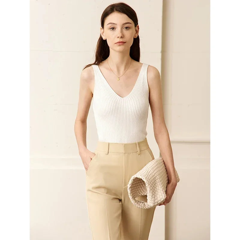 Amii Minimalism Summer New Women's Camisole Tops Office Lady Solid V-neck Sexy Slim Vest Girls Tank Streetwear Tops 12321058
