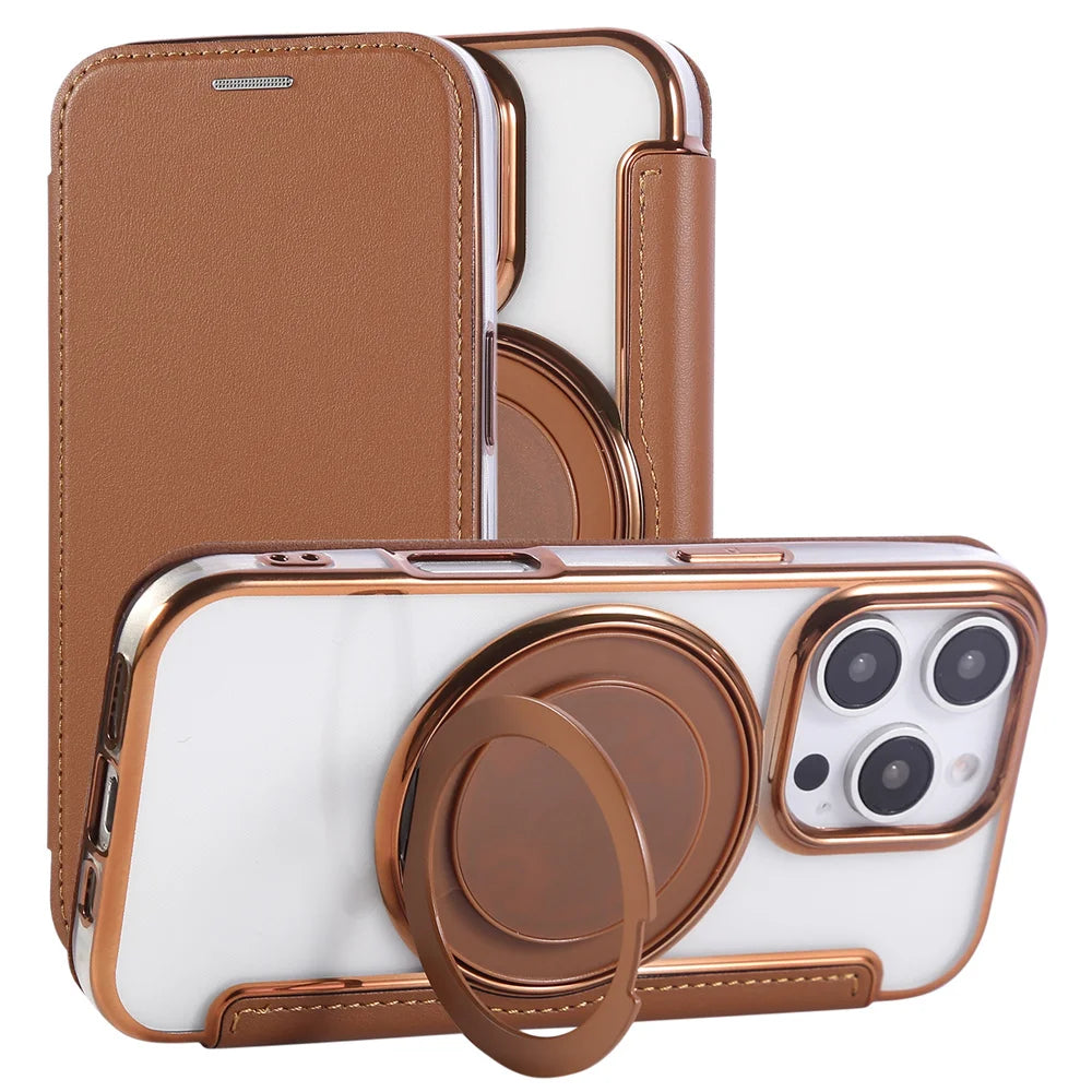 Flip Leather Wallet Rotating Fold Stand Magnetic Phone Case For iPhone 15 16 17 Pro Max 16E 14 13 12 For Magsafe Clear Cover