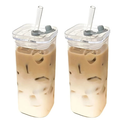 Square Heat Resistant Glass Cup With Lid And Straw - Smarsty
