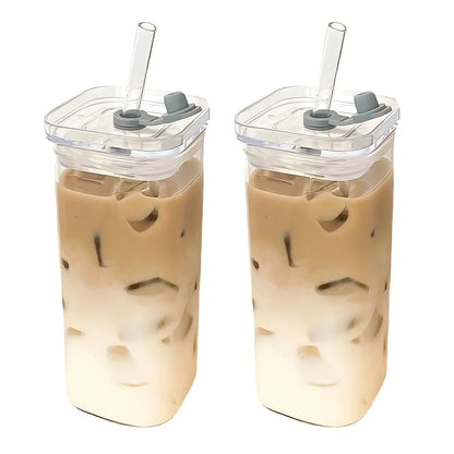 Square Heat Resistant Glass Cup With Lid And Straw - Smarsty