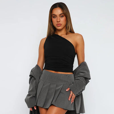 Solid Color One Shoulder Backless Shrink Tank Top T-Shirt Candy Color Tight Sexy Sleeveless Neckless Slim Casaul Top - Smarsty