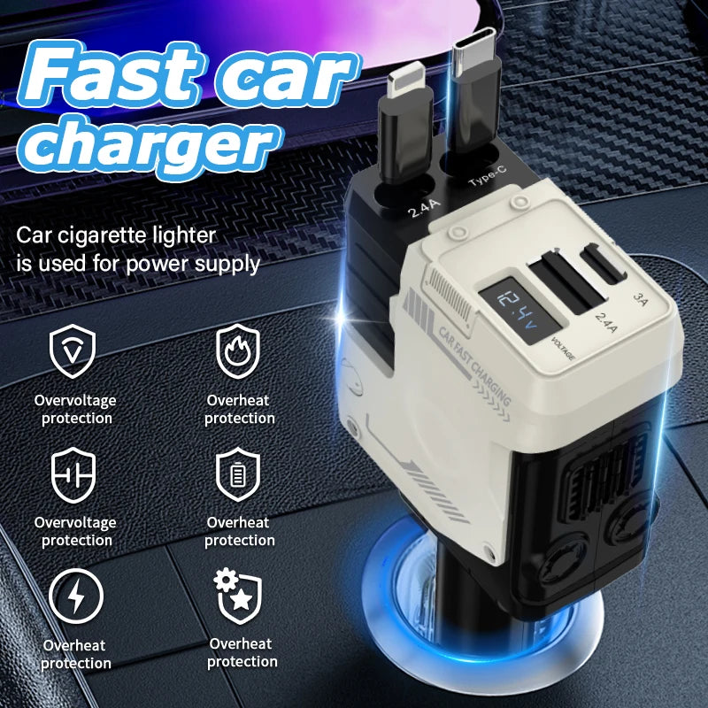 The new 120w4-in-1 retractable car fast charger, adapter, USB is suitable for all models of Apple, Samsung, Huawei, and Android