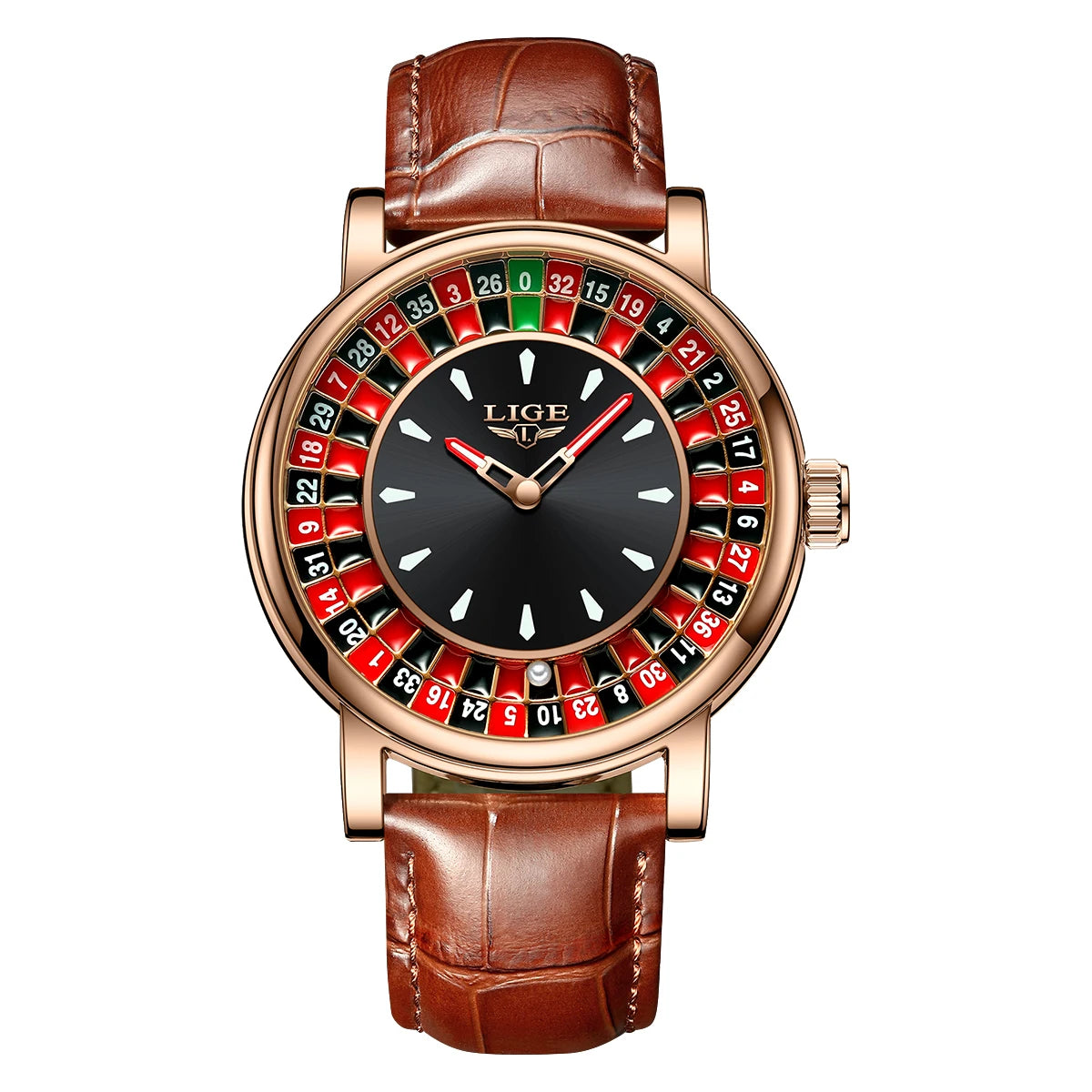 LIGE Waterproof Brown Leather Men's Roulette Watch - Smarsty