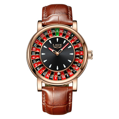 LIGE Waterproof Brown Leather Men's Roulette Watch - Smarsty