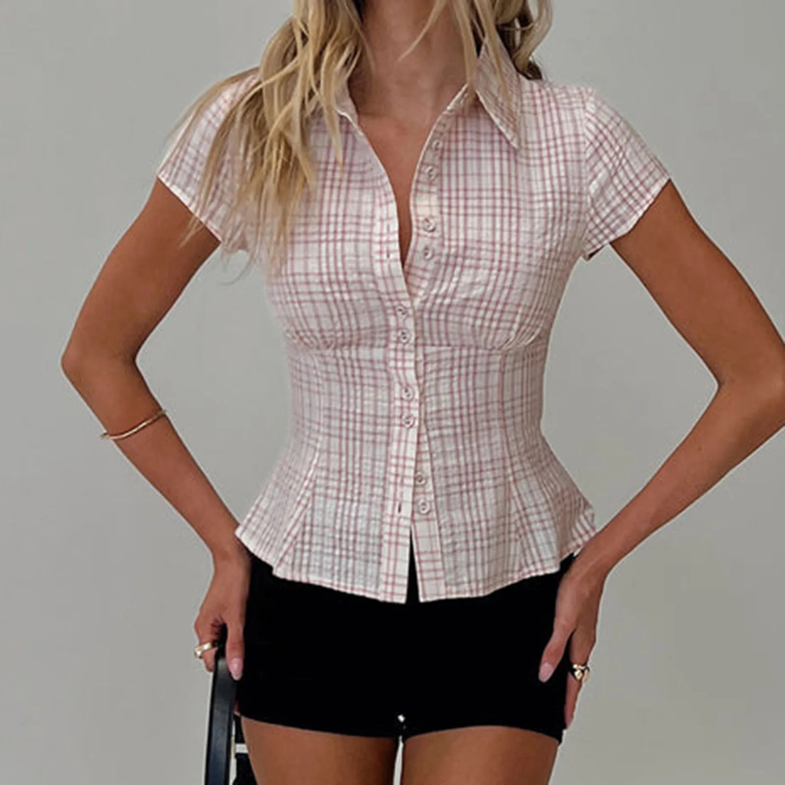 hirigin Women's Y2K Short Sleeve Plaid Button Down Shirt Button Down Blouses Tops Casual Summer Shirt Tops 90s Streetwear - Smarsty