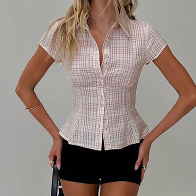 hirigin Women's Y2K Short Sleeve Plaid Button Down Shirt Button Down Blouses Tops Casual Summer Shirt Tops 90s Streetwear - Smarsty