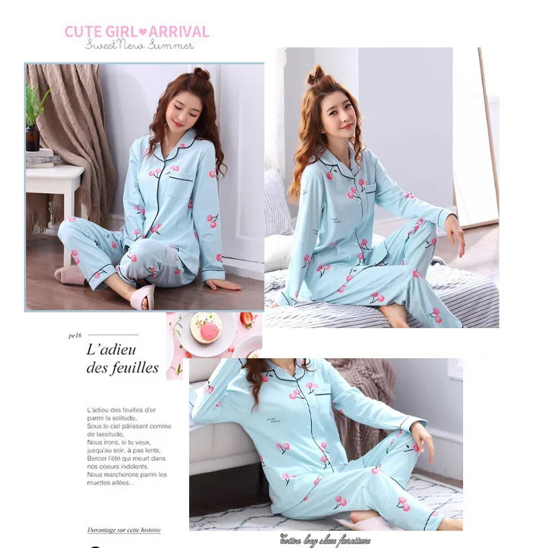 Women's Pajamas Set V-Neck Button down Top and Trousers Sleepwear Homewear Casual Nightwear Loungewear Autumn Winter Two-Piece - Smarsty