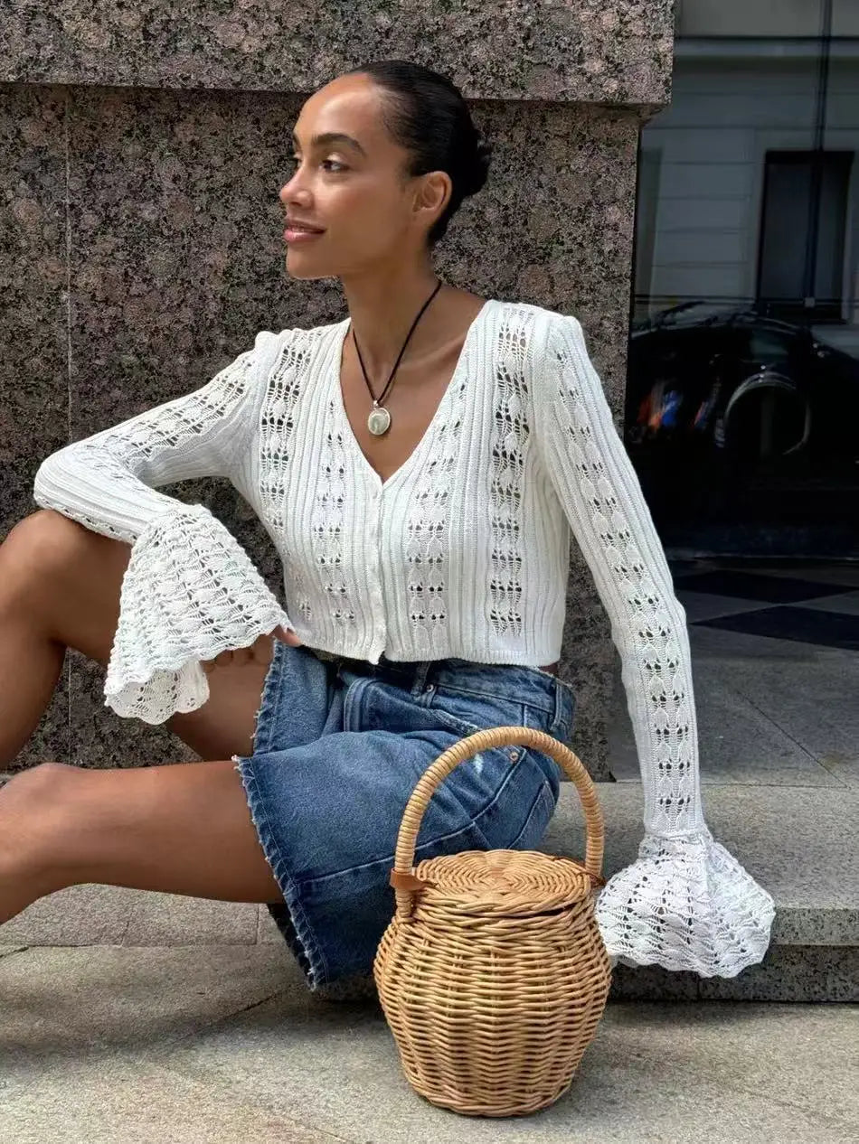 TARUXY Hollow Knitted Cardigan Women's Solid Long Sleeve V Neck Short Sweater Top Summer 2025 New Female Crochet Casual Outwear