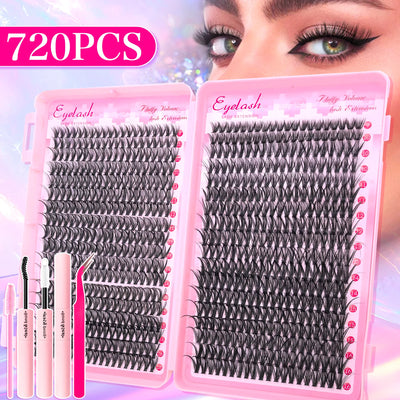 720/200pcs eyelash Extension Kit Fluffy Eyelash Extension kit with Lash Bond and Seal Lash Tweezers Thick Lash Clusters Wispy - Smarsty