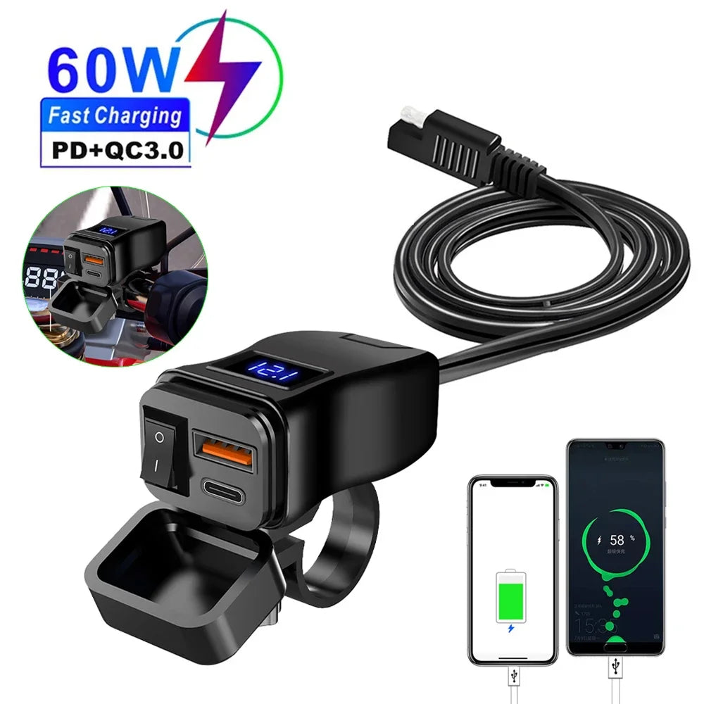 PD QC3.0 Motorcycle USB Fast Charger 60W Handlebar Dual USB Socket with Switch Voltmeter Waterproof 12V Power Supply Adapter - Smarsty