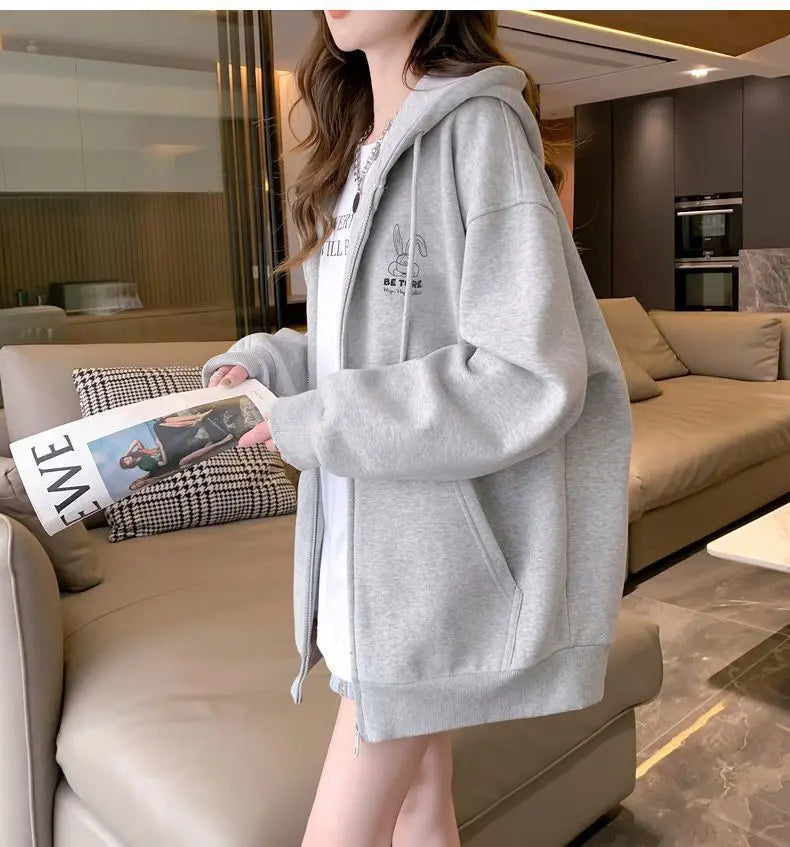 Women Embroidery Print Sporty Chic Hoodies Casual Zip Up Long Sleeve Loose Jacket Coats Harajuku Hooded Sweatshirts Streetwear