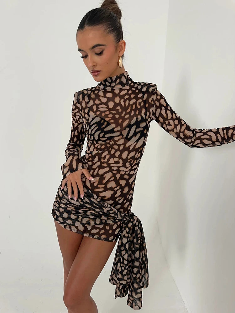 Fantoye Turtleneck Sexy Sheer Print Leopard Bandage Women Dress Long Sleeve Mini Dress Lady Spring Slim Elegant Party Club Dress - Smarsty