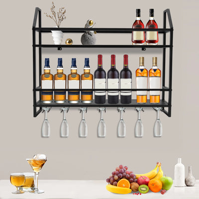 Wall Mounted Wine Rack Glass Holder 12 Bottles 7 Goblet Metal Shelf 2 Layer for Home Bar, 80cm Black - Smarsty