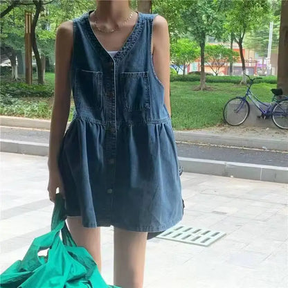 Sleeveless Strap Dress Women Summer Single-Breasted Pockets Denim Dresses Woman Korean Style Loose A Line Mini Dress - Smarsty