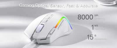 Redragon M612 Predator RGB Gaming Mouse 8000 DPI Wired Optical with 11 Programmable Buttons, White - Smarsty