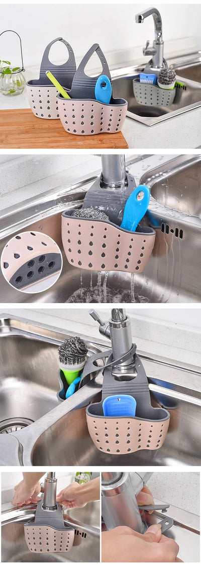 Home Storage Drain Basket Kitchen Sink Holder Adjustable Soap Sponge Shlf Hanging Drain Basket Bag Kitchen Accessories by Smarsty