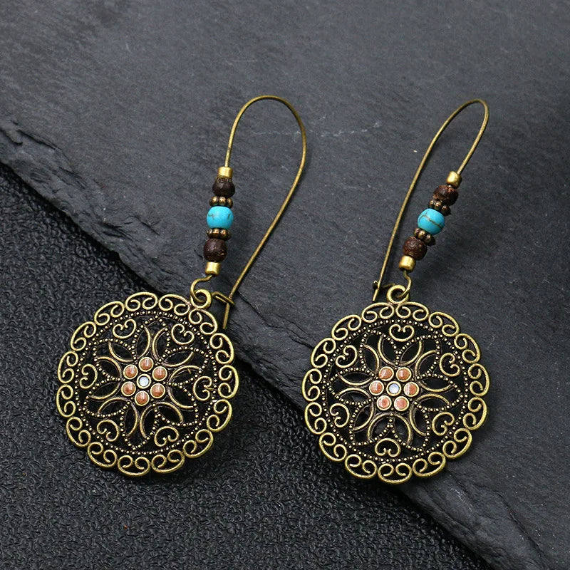 Vintage Bohemian Big Drop Earrings with Geometric Leaf Design - Smarsty