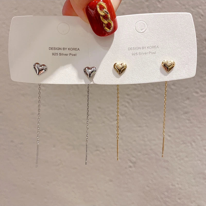 Gold Heart Tassel Earrings for Women in Korean Fashion Style - Smarsty