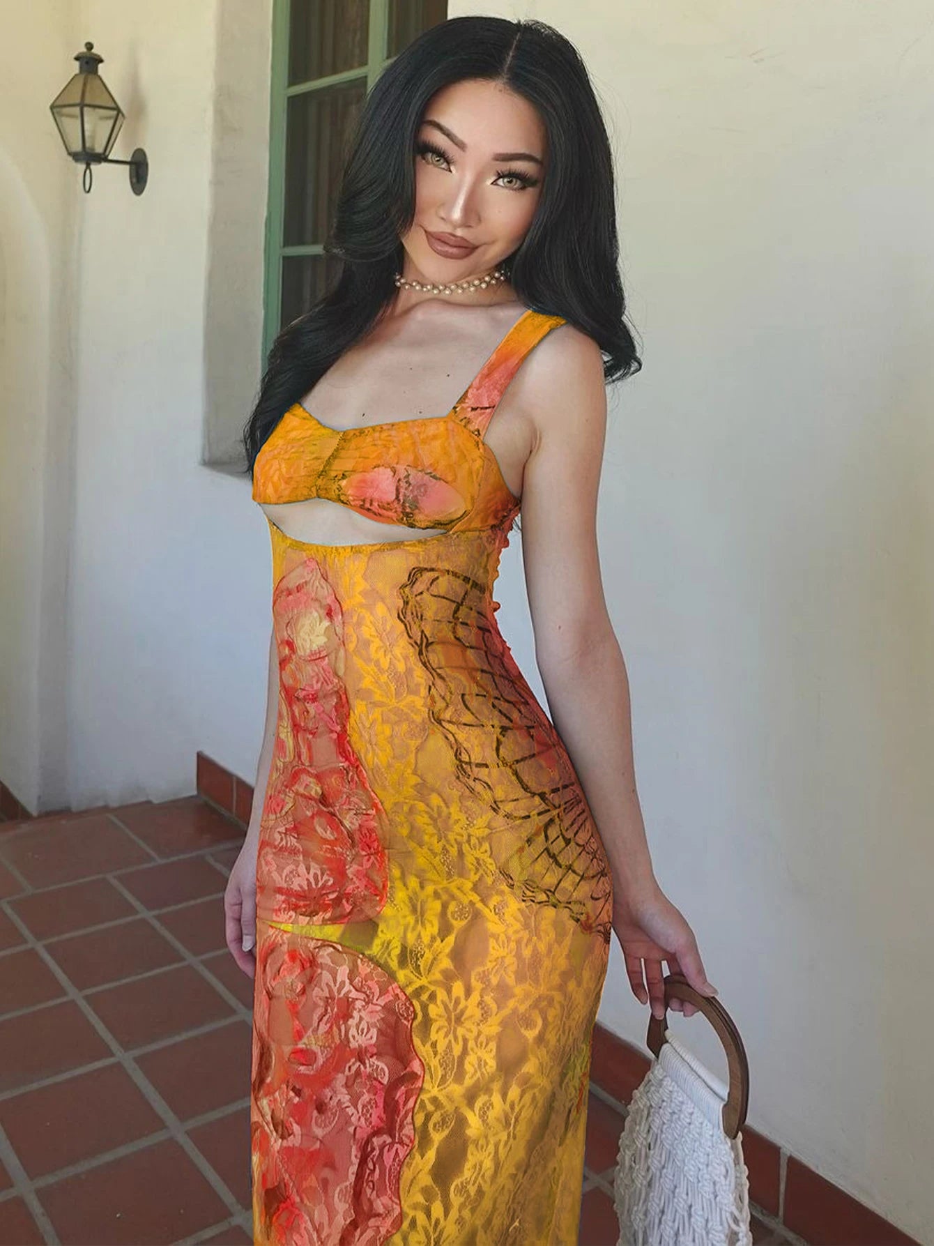 Dulzura Lace Print Cut Out Maxi Dress Bodycon Sexy Party Club Y2K Outfits Streetwear Bandage Dress Vestido Classic Prom