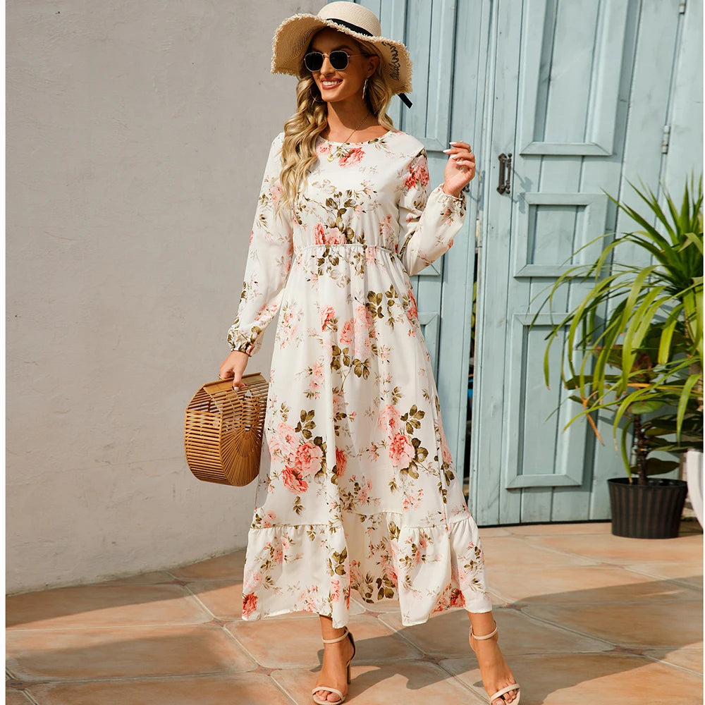 2023 Sping Summer Bohemian Women Maxi Dress Casual Long Sleeve High Waist Beach Woman Chiffon Dresses Floral Vestidoes Mujer New - Smarsty