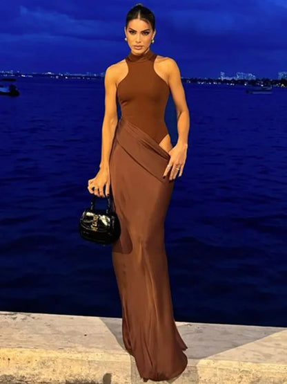 JULISSA MO Satin Sexy Hollow Out Women Maxi Dress Black Sleeveless High Waist Dress Female Autumn Skinny Elegant Party Clubwear - Smarsty