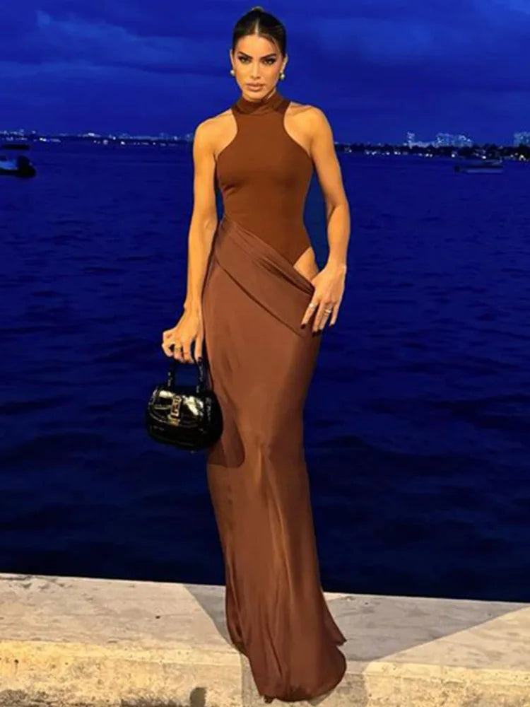 JULISSA MO Satin Sexy Hollow Out Women Maxi Dress Black Sleeveless High Waist Dress Female Autumn Skinny Elegant Party Clubwear - Smarsty