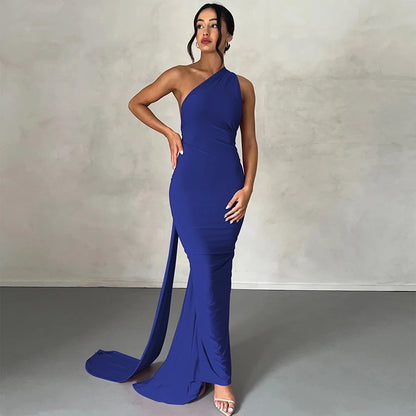 Hugcitar One Shoulder Backless Adjustable Scarf Loop Ruched Sexy Maxi Dress Women Elegant Y2K Streetwear Festival Outfit - Smarsty