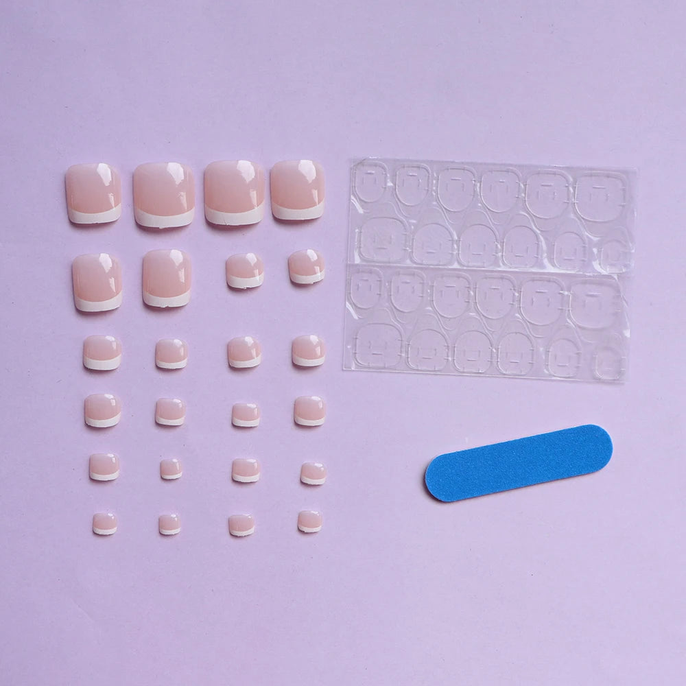 24pcs Glossy Nude Press On Toe Nails With French Edge - Smarsty