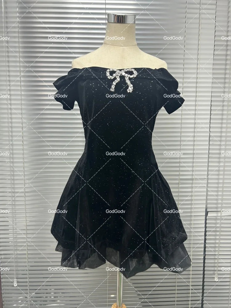Black French Vintage Elegant Design Woman Dress Gothic Off Shoulder Retro Mini Dress Female Fairy Birthday Party Chic Outfits - Smarsty