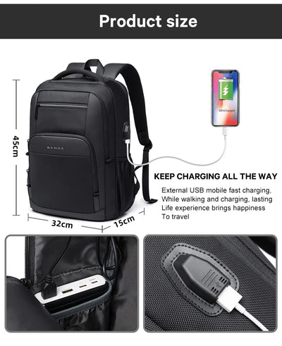 BANGE Travel Waterproof Backpack with USB Charging Port Fit 15.6 Inch Laptop Backpacks for Men and Women, Teenager School Bags - Smarsty