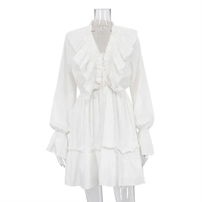 Talenza White Ruffle Bandage Mini Dress Women's Elegant Patchwork Long Sleeve Dress New Slim V Neck Lace Up Summer Mini Dress - Smarsty