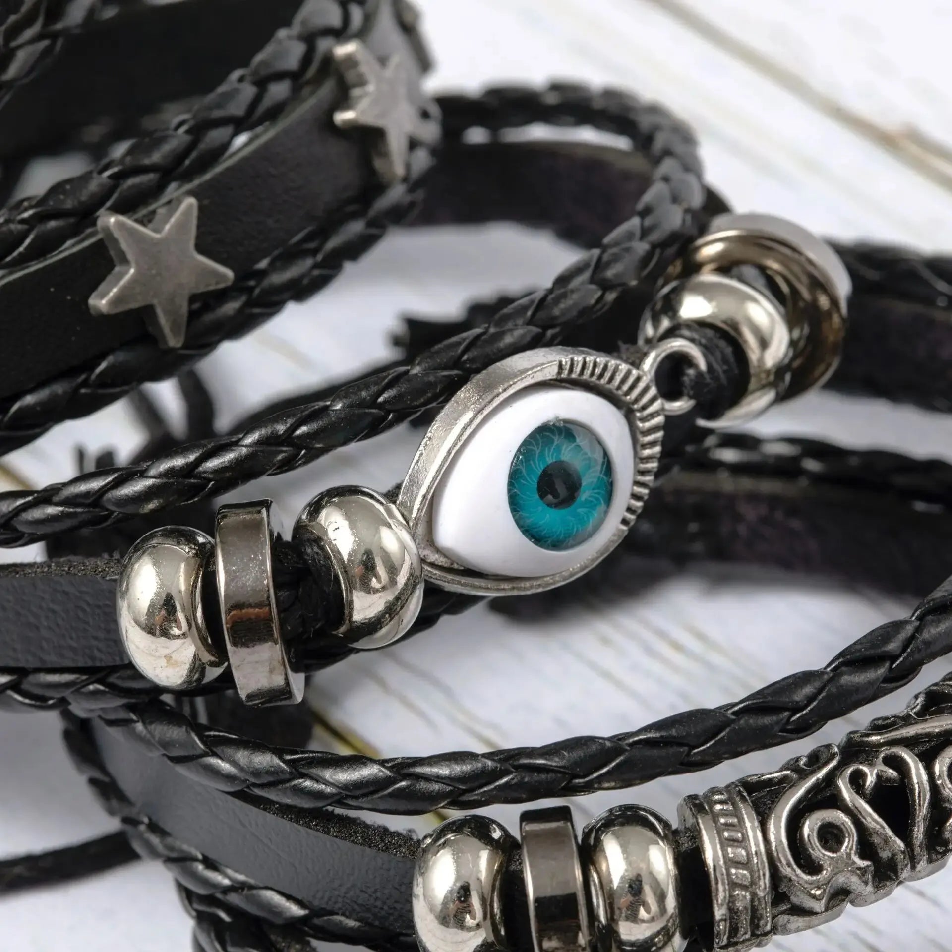 5pcs Evil Eye Braided Leather Bracelet Set - Smarsty