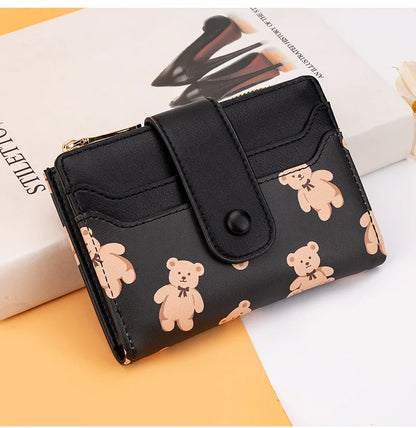 Women Short Wallets PU Leather Female Bifold Purses Cute Bear Card Holder Wallet for Girl Small Zipper Wallet with Coin Purse - Smarsty