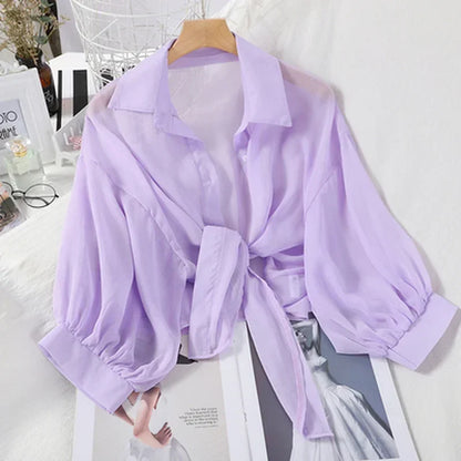 Casual Loose Hollow White Clothes Elegant Solid Color Tied Waist Blouse Women Summer Bat Half Sleeve Button Chiffon Shirt - Smarsty